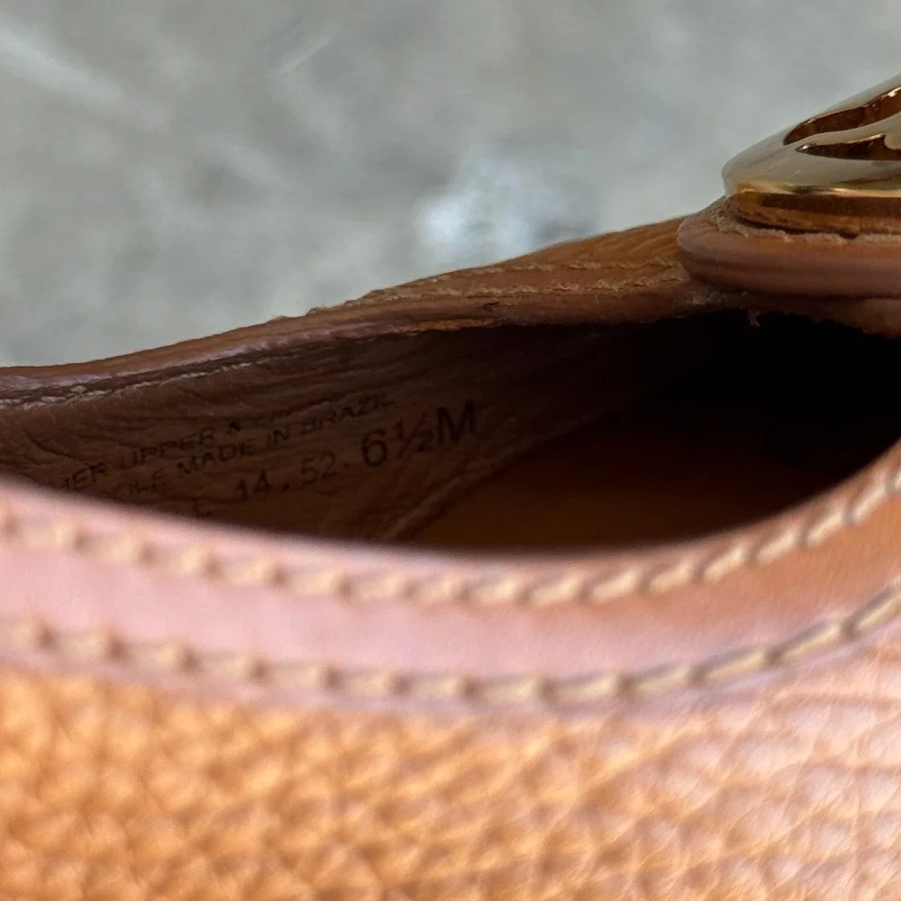 Tory Burch Sally Tan Leather Peep Toe Wedge Pumps Gold Reva Logo Size 6.5M